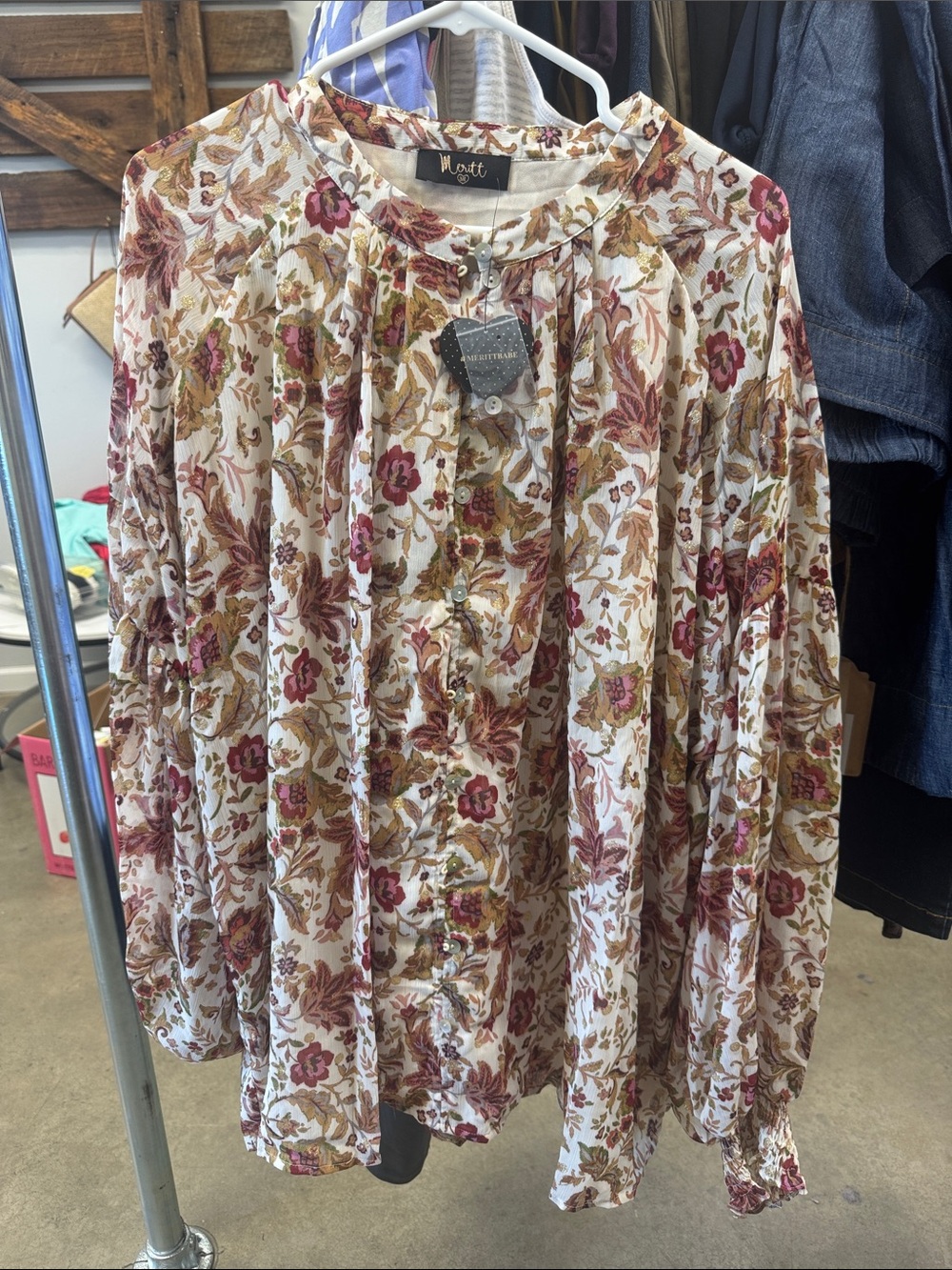 Floral Button-Front Women's Blouse — Cream with Rose and Mustard Floral Print